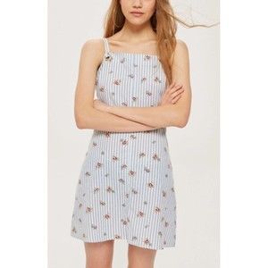 Topshop Womens Striped Floral Print Pinafore Dress USA Size 10 Blue White Zipper